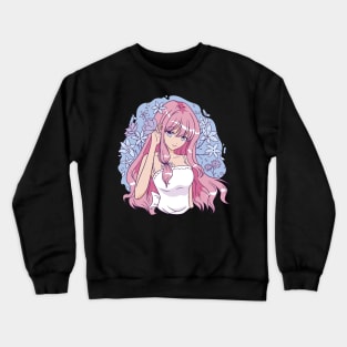 Girl in anime style with pink hair and surrounded by flowers for all Anime girl lovers Crewneck Sweatshirt